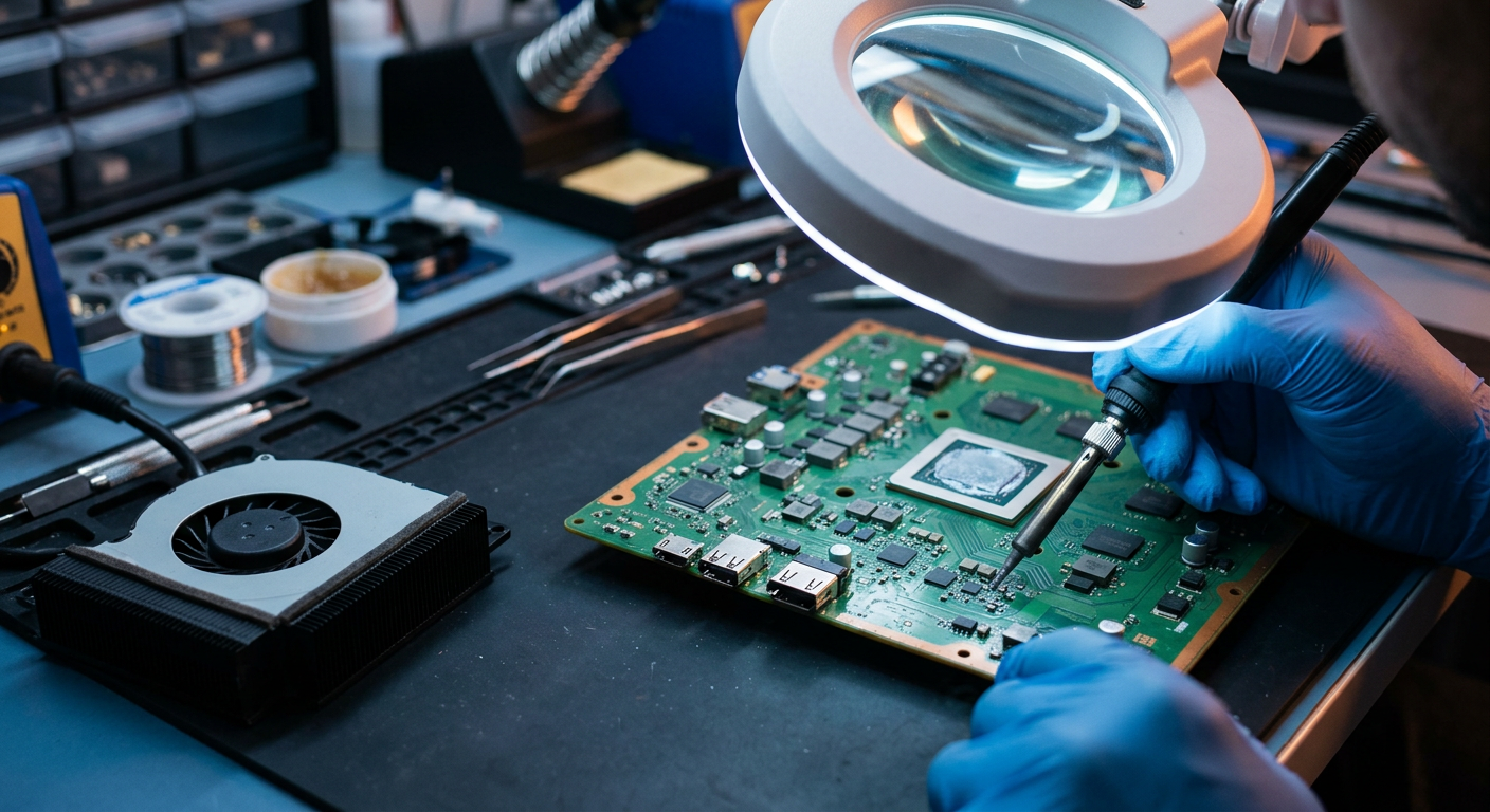 Close-up of a PlayStation 4 motherboard under a magnifying lamp while a technician solders near the HDMI port