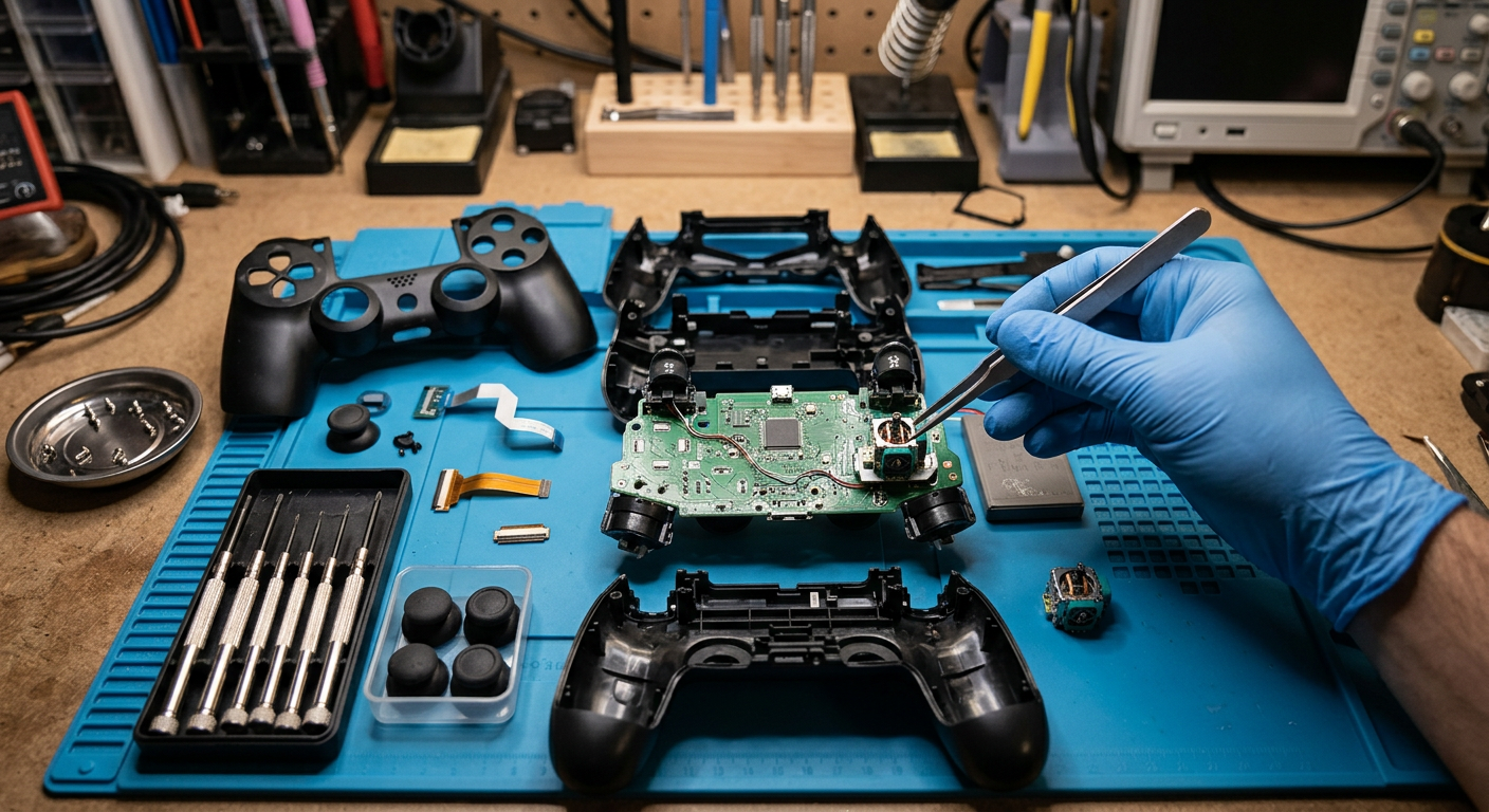 Disassembled DualShock 4 controller with its analog joystick module being replaced using tweezers