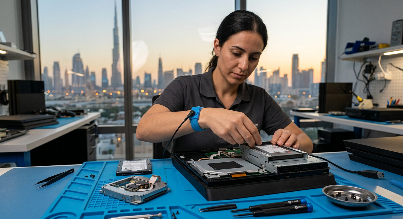 Technician installing a solid-state drive into a PlayStation 4 Slim beside the old hard drive and disc laser