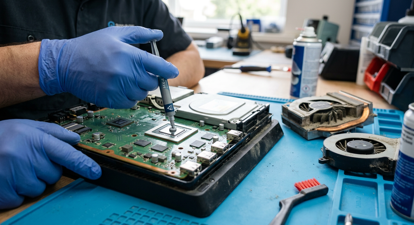 Technician applying fresh thermal paste to the processor of an opened PlayStation 4 with the dusty fan removed
