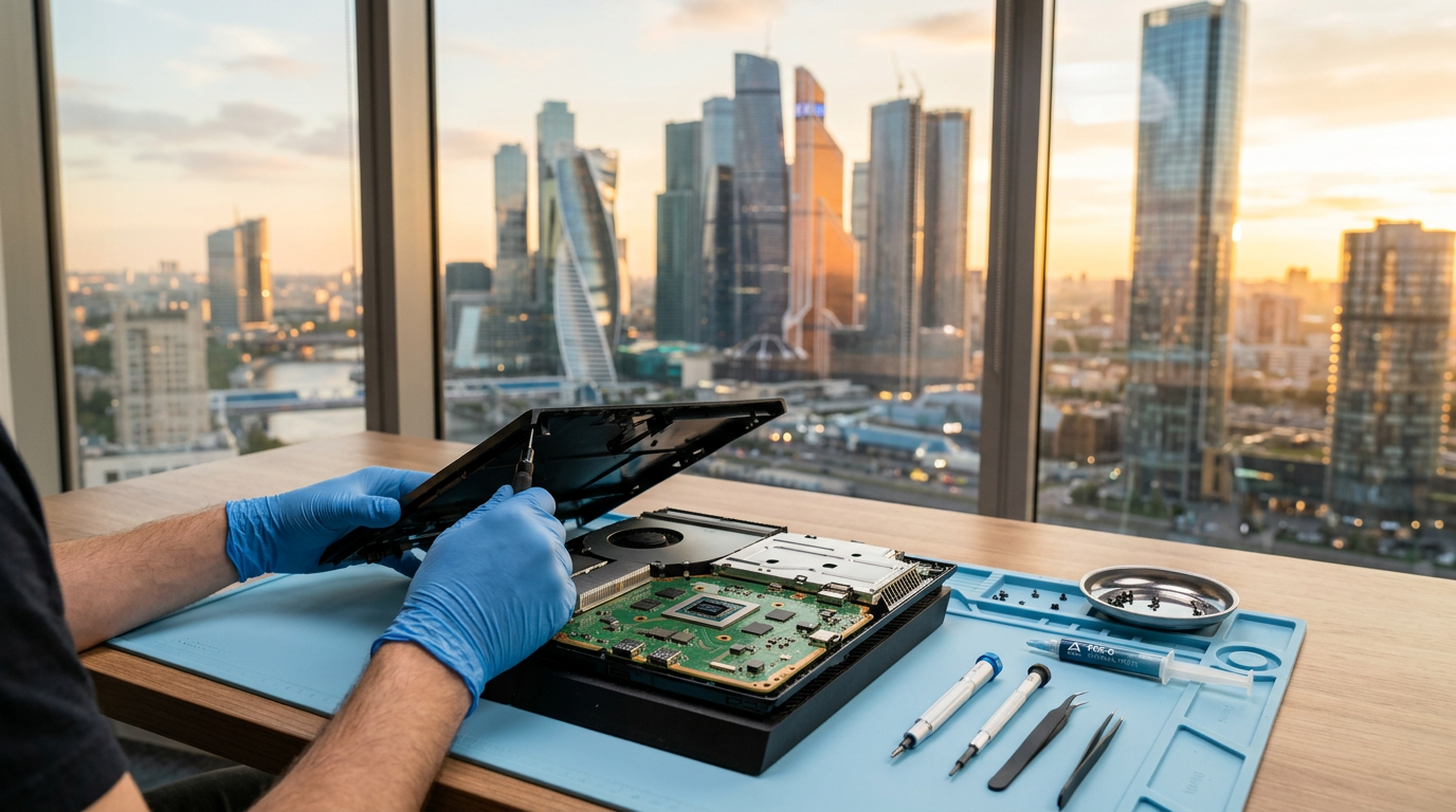Technician opening a PlayStation 4 console on a blue anti-static mat beside a window overlooking a city skyline